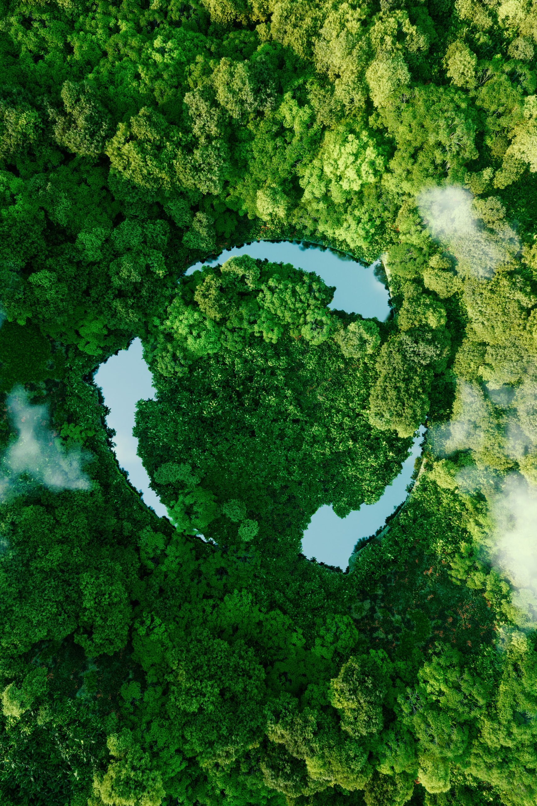 Abstract icon representing the ecological call to recycle and reuse in the form of a pond with a recycling symbol in the middle of a beautiful untouched jungle. 3d rendering.